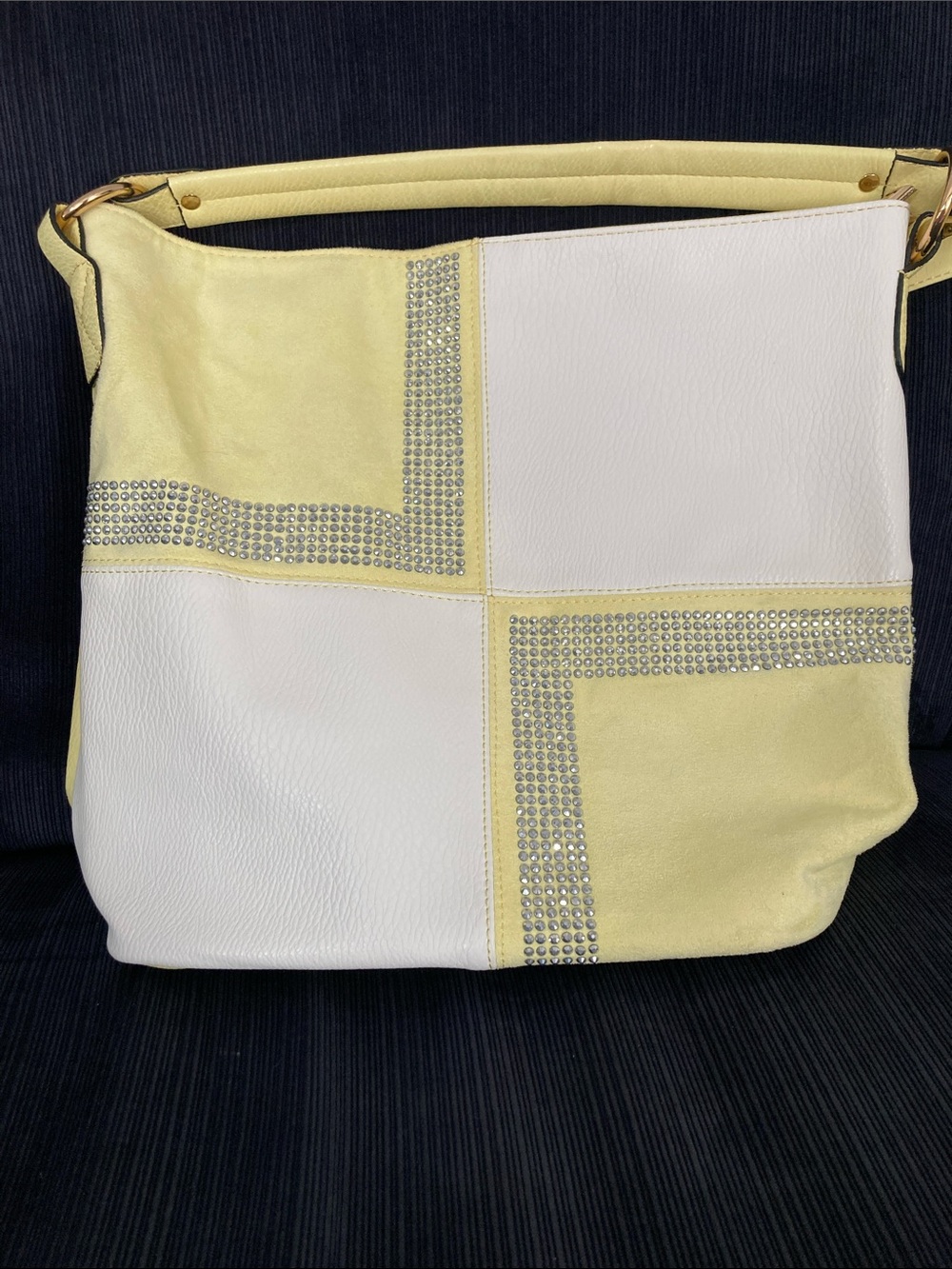 Yellow and White Patchwork Shoulder Bag with Crystal Accents